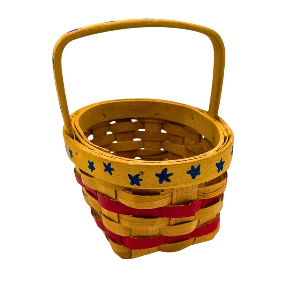 Vintage Patriotic Americana Woven Wood Basket Red and Blue Hand Painted Stars 7" - Picture 6 of 7